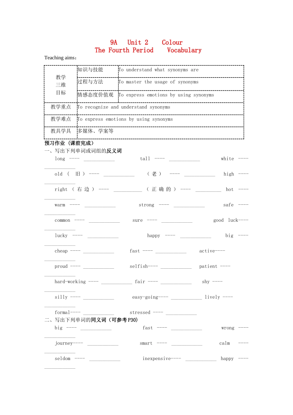 江苏省启东市教研中心九年级英语上册 Unit 2 Period 4教案+学案+配套练习 牛津版_第1页