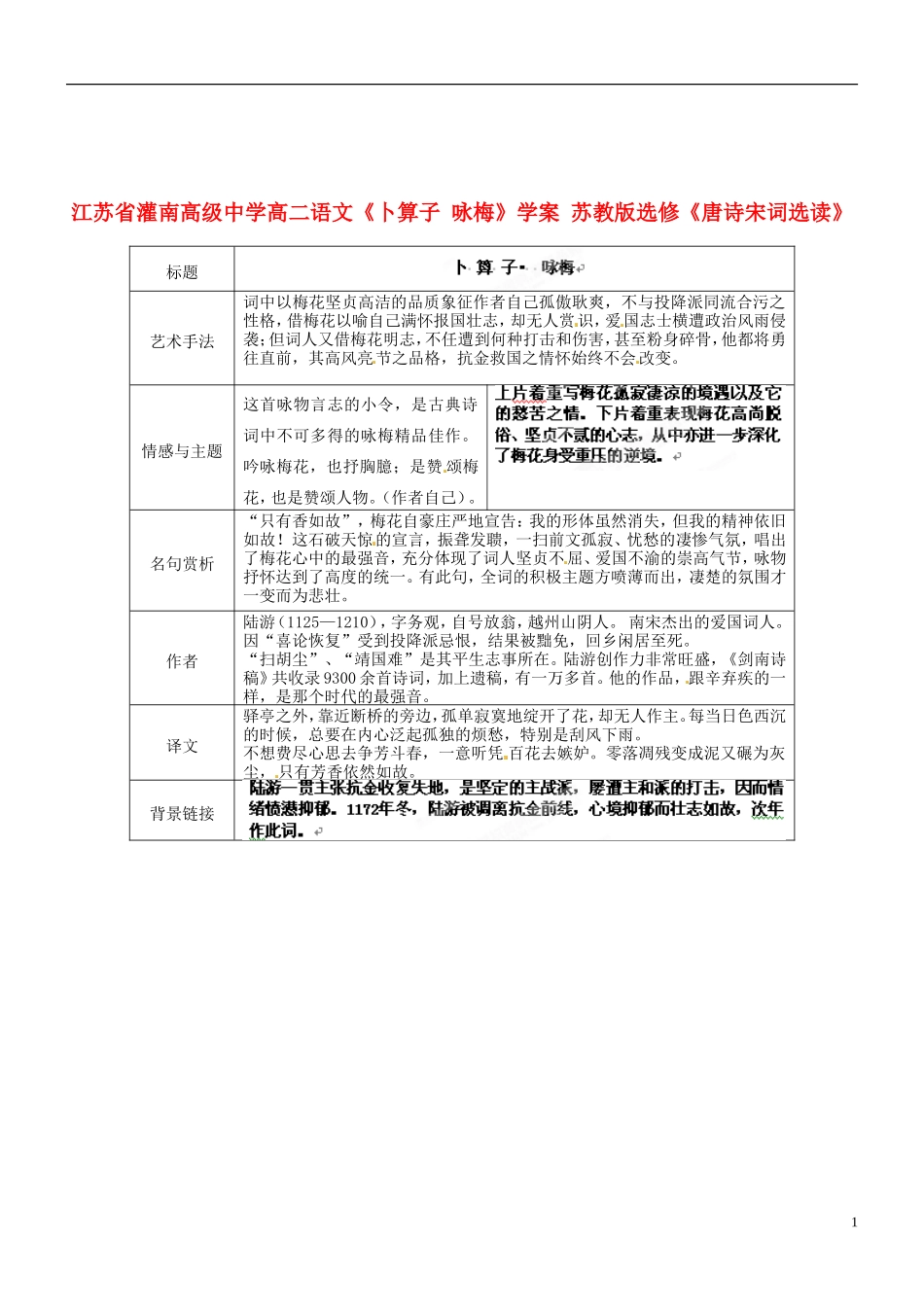 江苏省灌南高级中学高二语文《卜算子 咏梅》学案 苏教版选修《唐诗宋词选读》_第1页
