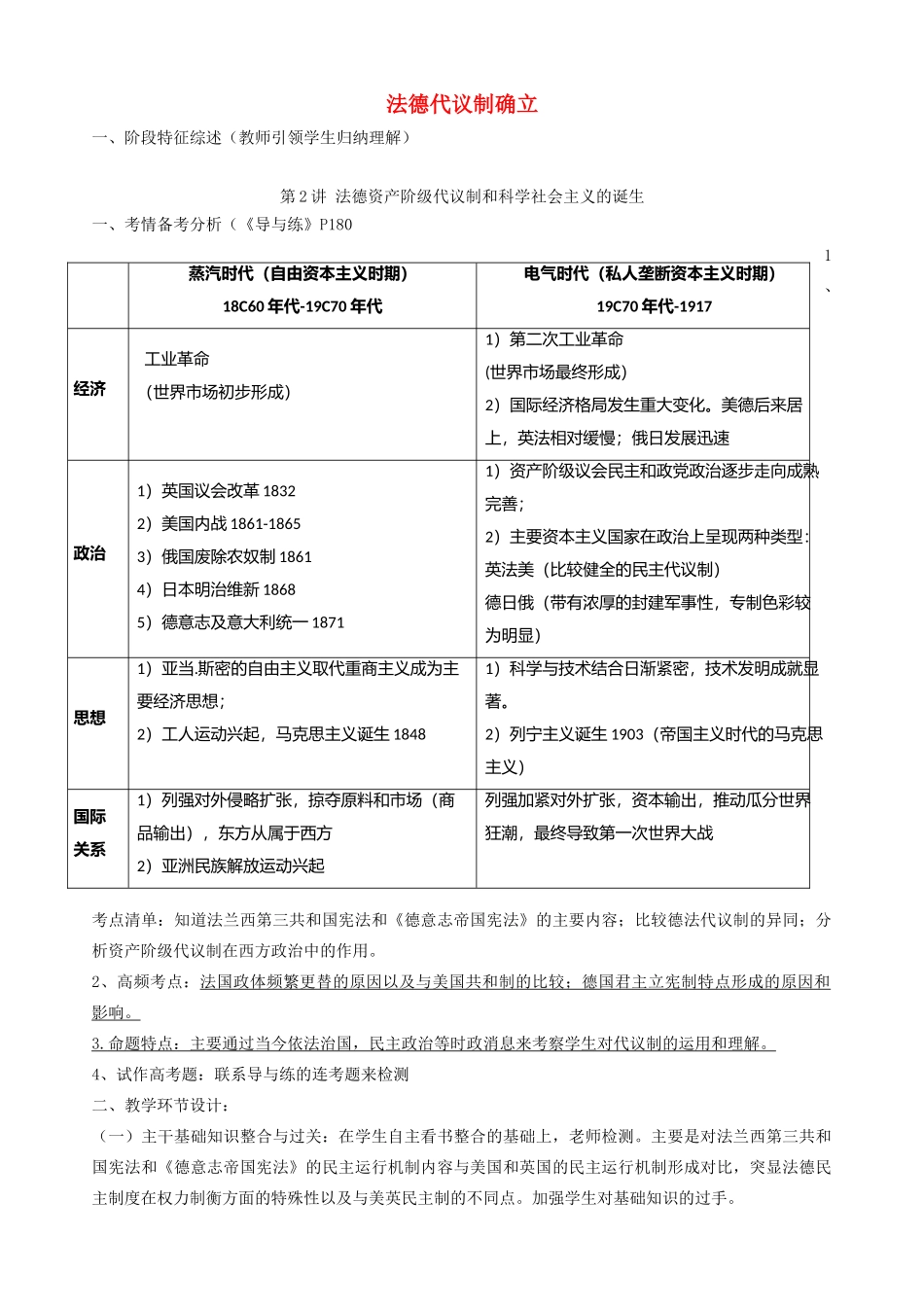 高中政治上学期第3周《法德代议制确立》中心发言教学设计-人教版高中全册政治教案_第1页