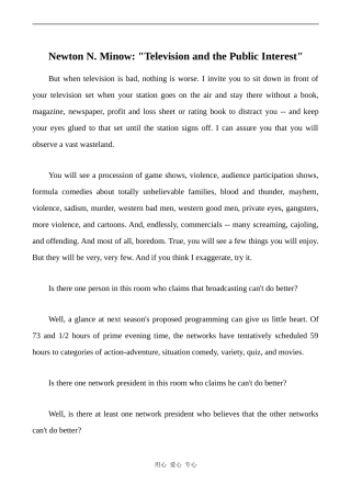 高中英语Unit4 文章 Newton N. Minow Television and the Public Interest 2人教版必修五
