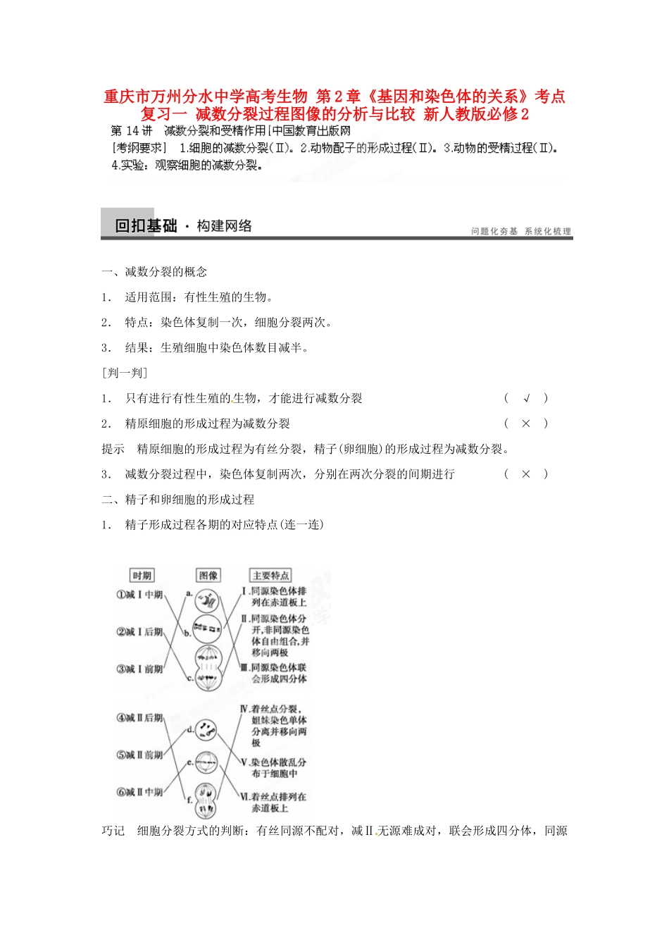 重庆市万州分水中学高考生物 第2章《基因和染色体的关系》考点复习一 减数分裂过程图像的分析与比较 新人教版必修2_第1页