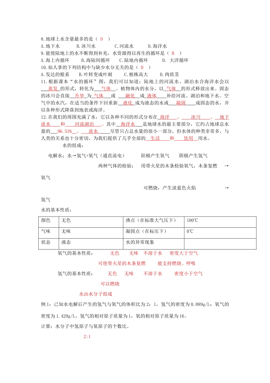 八年级科学上册 第一章（第1课时：水水的分布、组成、密度）讲义 浙教版_第3页