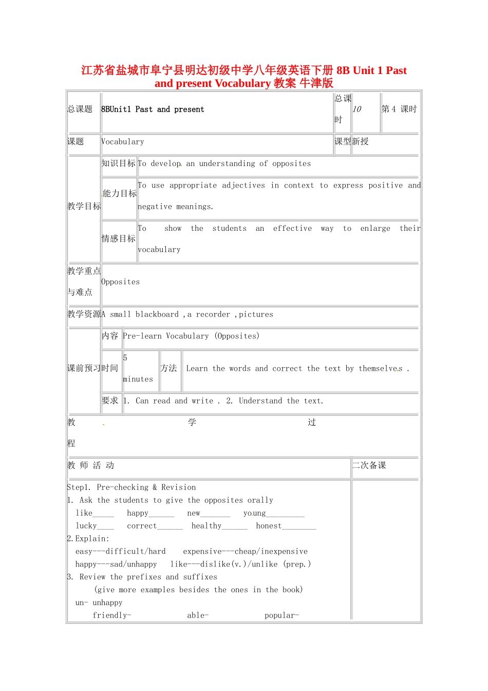 江苏省盐城市阜宁县明达初级中学八年级英语下册 8B Unit 1 Past and present Vocabulary教案 牛津版_第1页