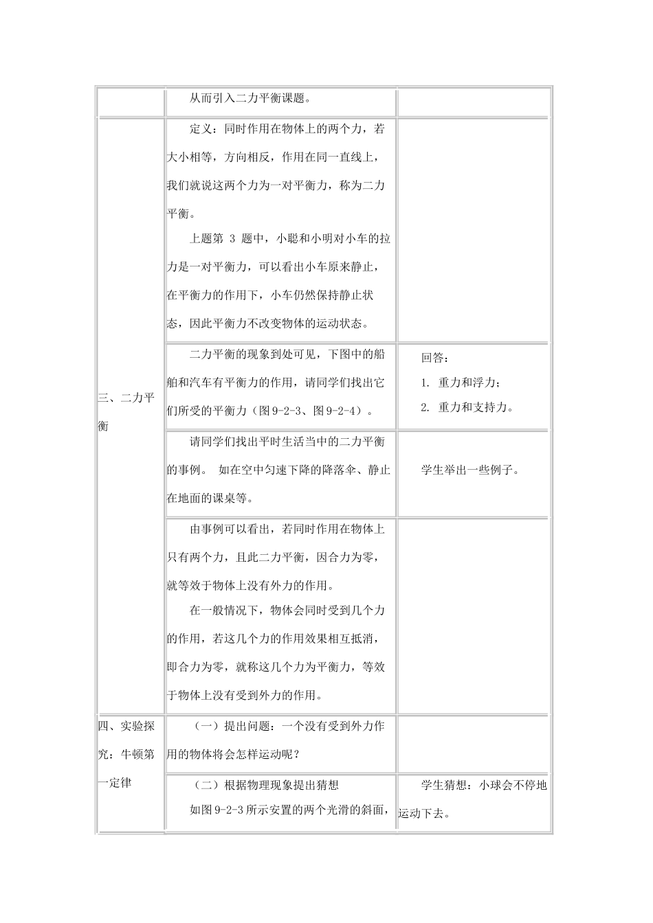 八年级物理下册 8.3 平衡力作用下物体的运动教案 教科版-教科版初中八年级下册物理教案_第2页