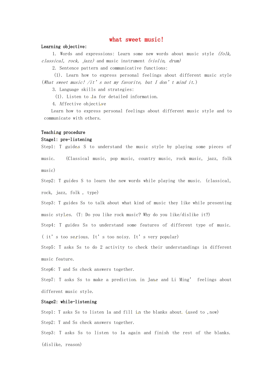 八年级英语上册 Unit 3 topic 2 What sweet music Section B教案 （新版）仁爱版-（新版）仁爱版初中八年级上册英语教案_第1页