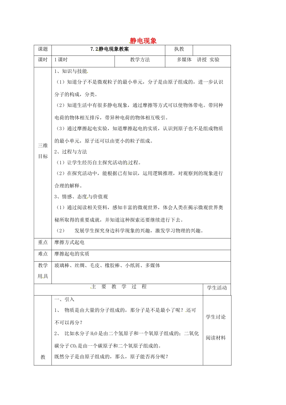 江苏省淮安市八年级物理下册 7.2静电现象教案 （新版）苏科版-（新版）苏科版初中八年级下册物理教案_第1页