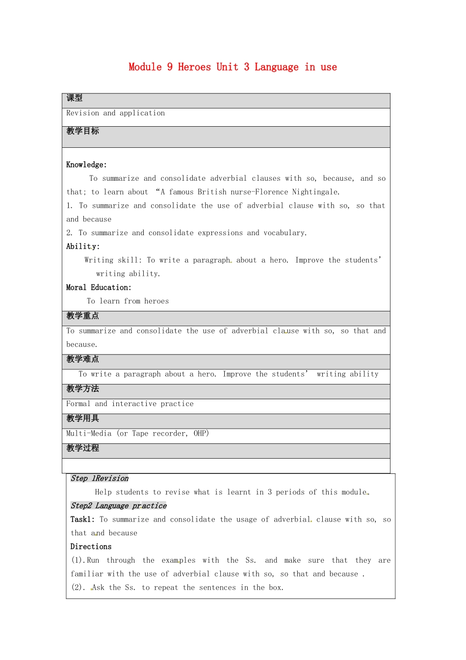 八年级英语下册 Module 9 Heroes Unit 3 Language in use教案 外研版_第1页