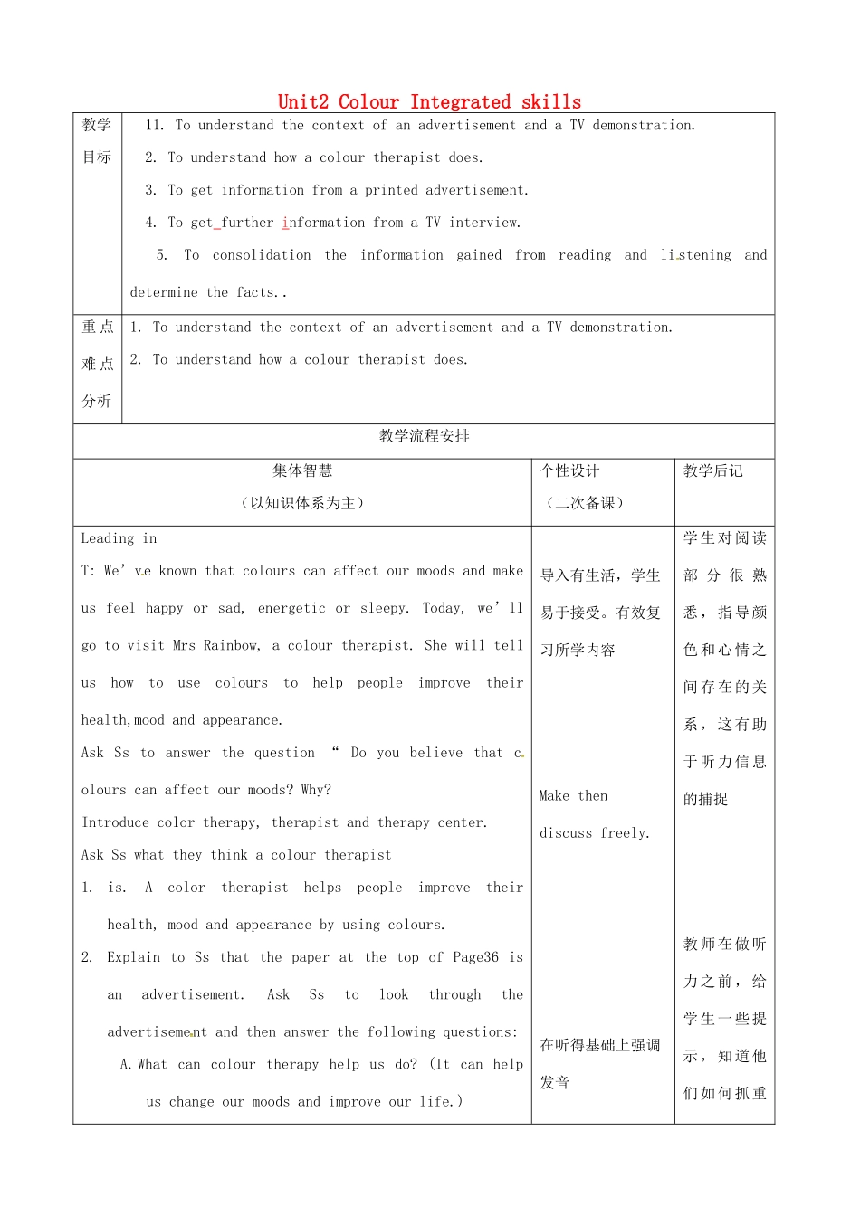 九年级英语上册 Unit 2 Colour Integrated skills教案 （新版）牛津版-（新版）牛津版初中九年级上册英语教案_第1页