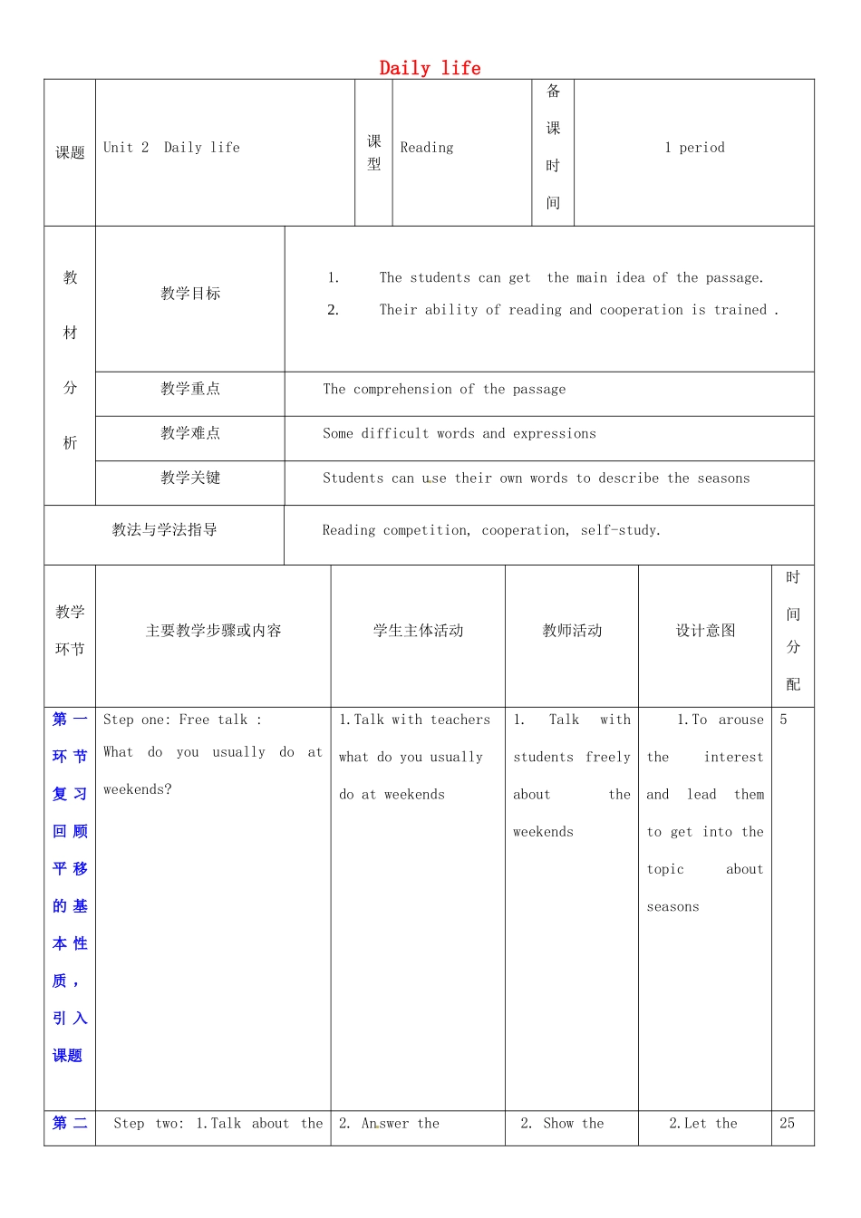 七年级英语上册 Unit 2 Daily life教案2 （新版）牛津深圳版-牛津深圳版初中七年级上册英语教案_第1页