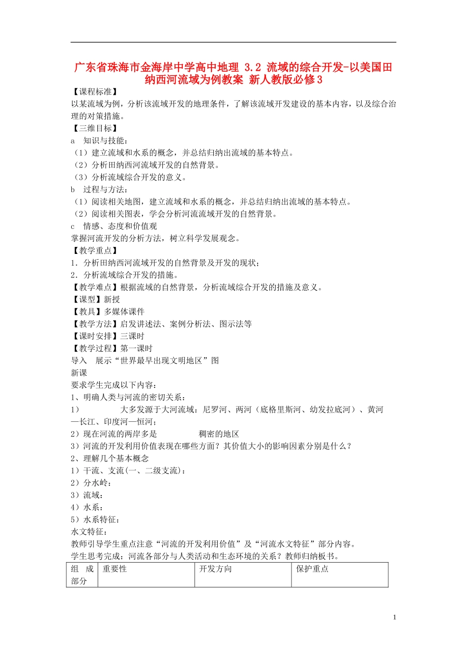 广东省珠海市金海岸中学高中地理 3.2 流域的综合开发-以美国田纳西河流域为例教案 新人教版必修3_第1页