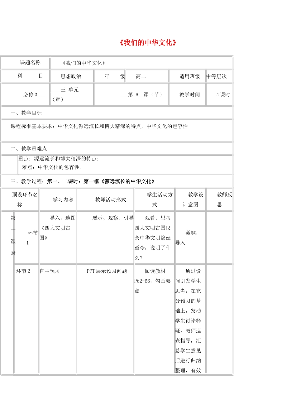 四川省宜宾市一中高二政治上学期第8周 我们的中华文化教学设计-人教版高二全册政治教案_第1页