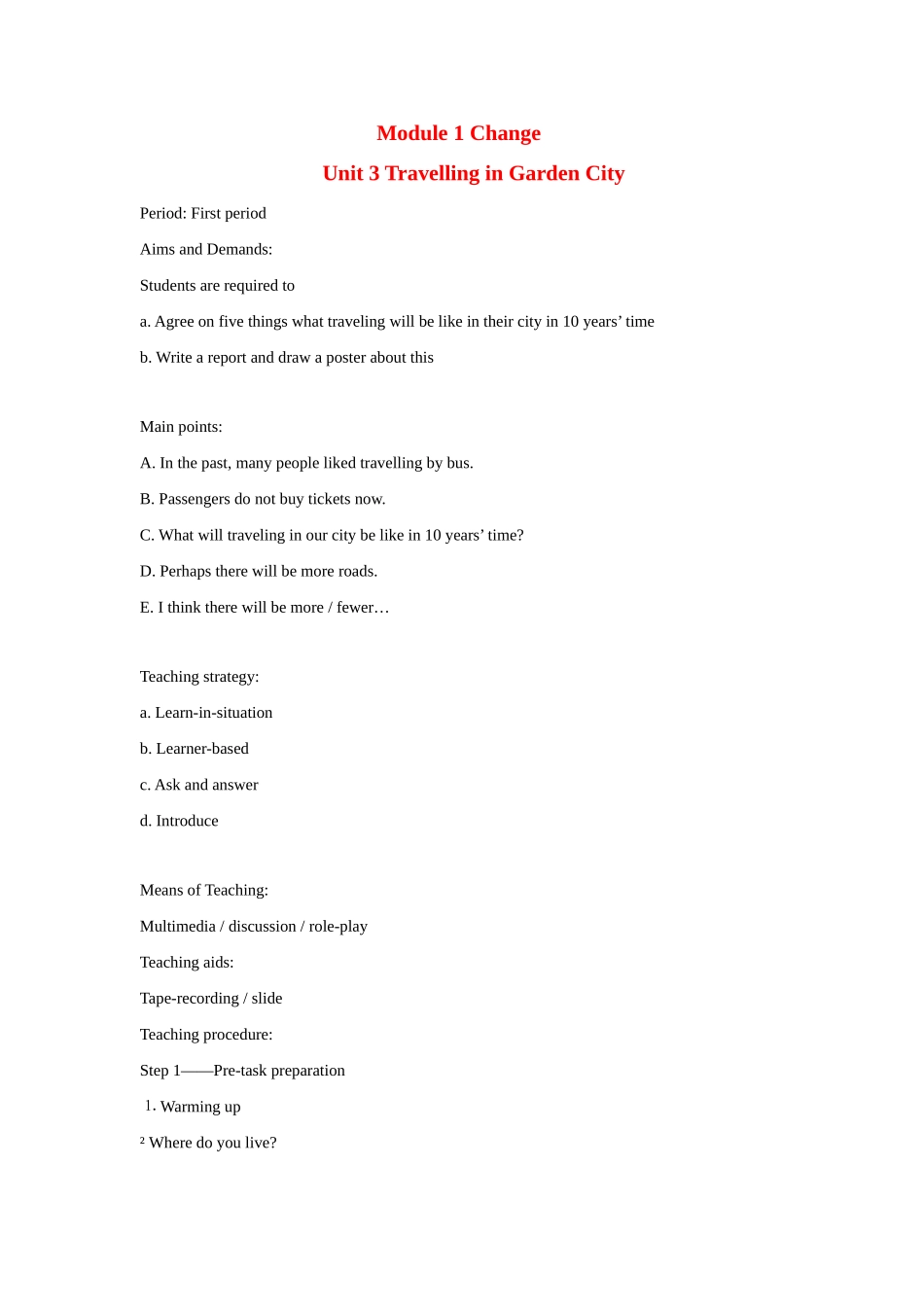 七年级英语上册 Module 1 Unit 3 Travelling in Garden City教案 沈阳牛津版_第1页