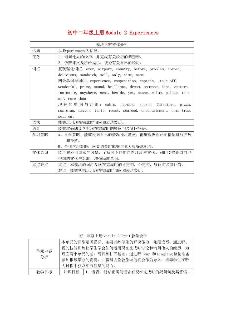 八年级英语上册 Module 2 Experiences教案 外研版_第1页