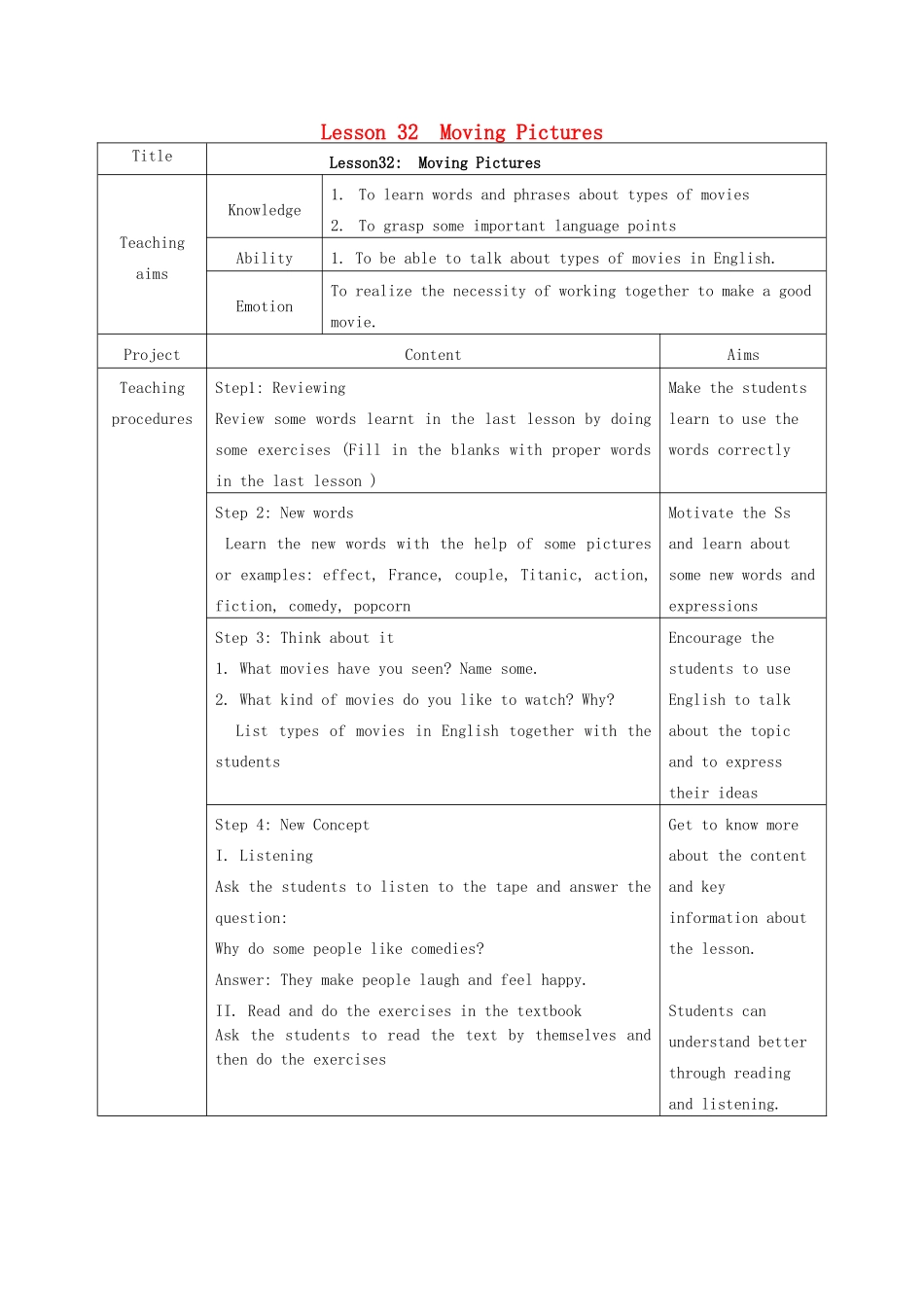 九年级英语上册 Unit 6 Lesson 32 Moving Pictures教学设计 （新版）冀教版_第1页