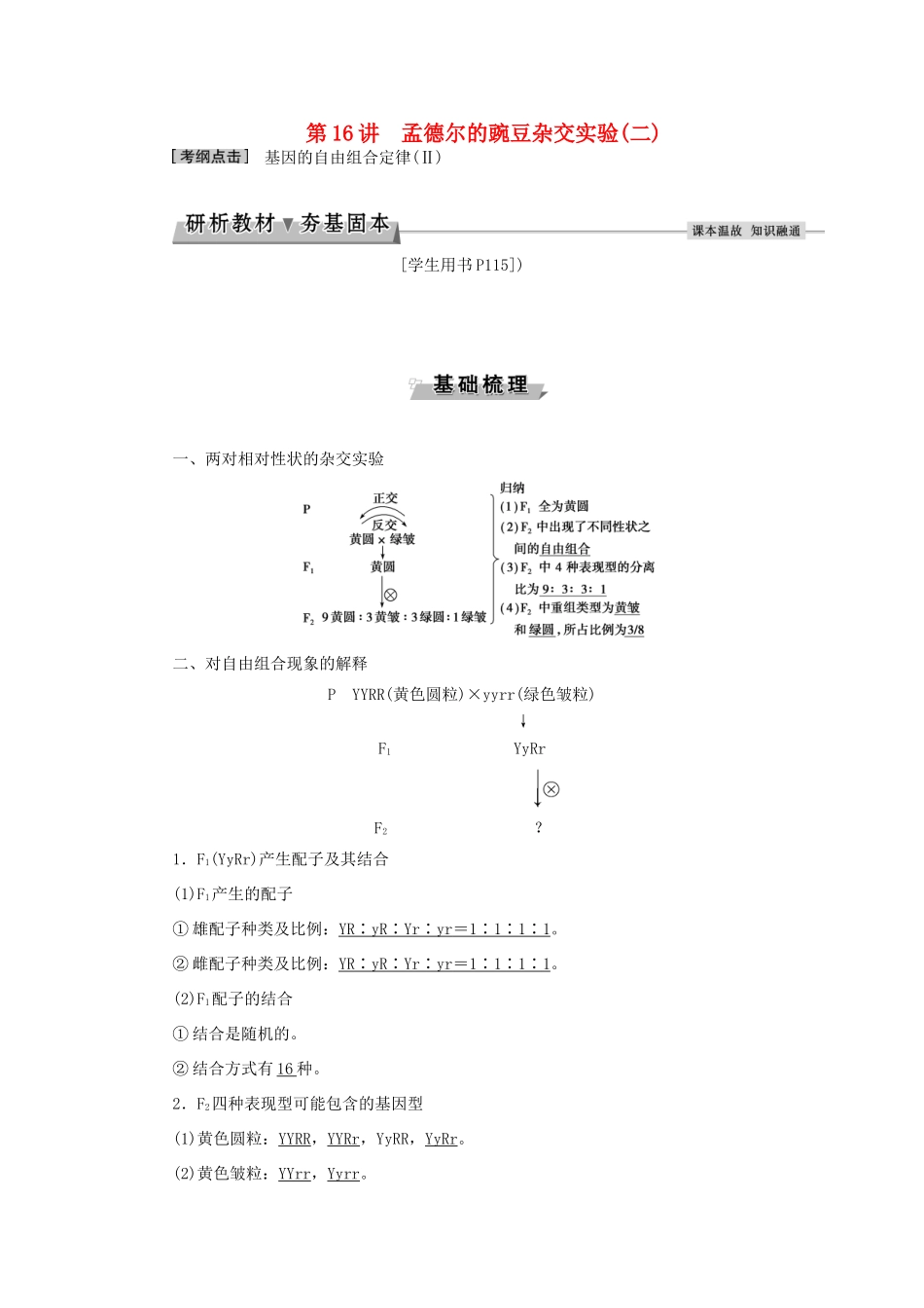 优化方案高考生物大一轮复习 第五单元 遗传的基本规律与伴性遗传 第16讲 孟德尔的豌豆杂交实验（二）讲义-人教版高三全册生物教案_第1页