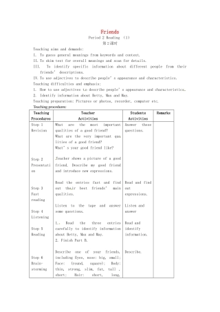八年级英语上册 Unit 1 Friends Period 2 Reading 1教案 （新版）牛津版-（新版）牛津版初中八年级上册英语教案
