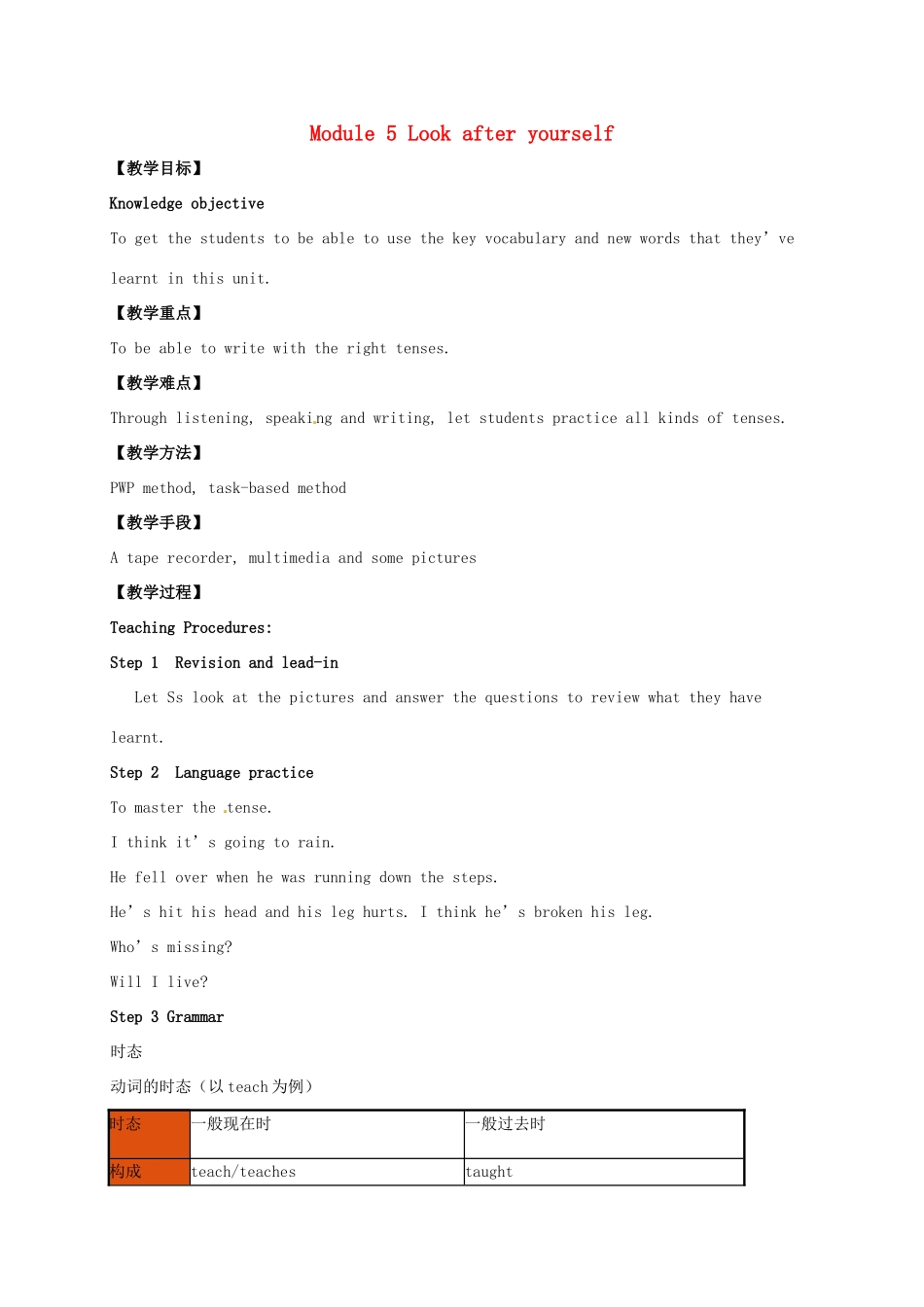 九年级英语下册 Module 5 Look after yourself教案 （新版）外研版-（新版）外研版初中九年级下册英语教案_第1页