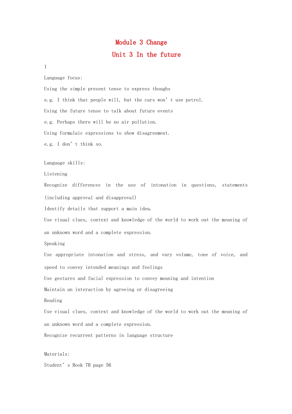 七年级英语下：Module 3 Unit 3 In the future教案上海牛津版_第1页