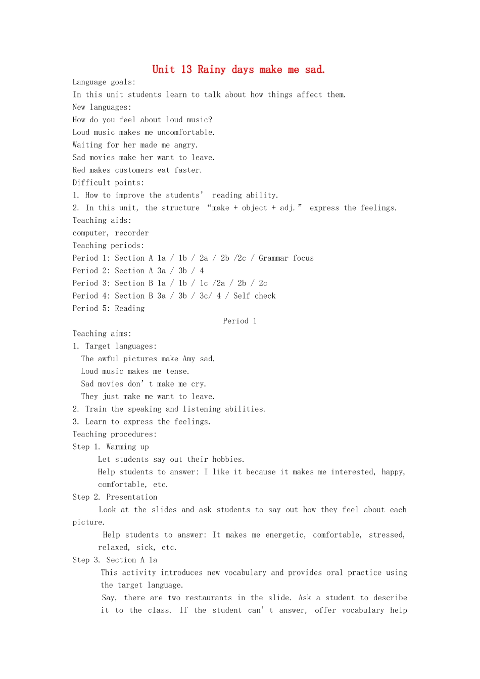 九年级英语上册 Unit 13《Rainy days make me sad》教案 人教新目标版_第1页