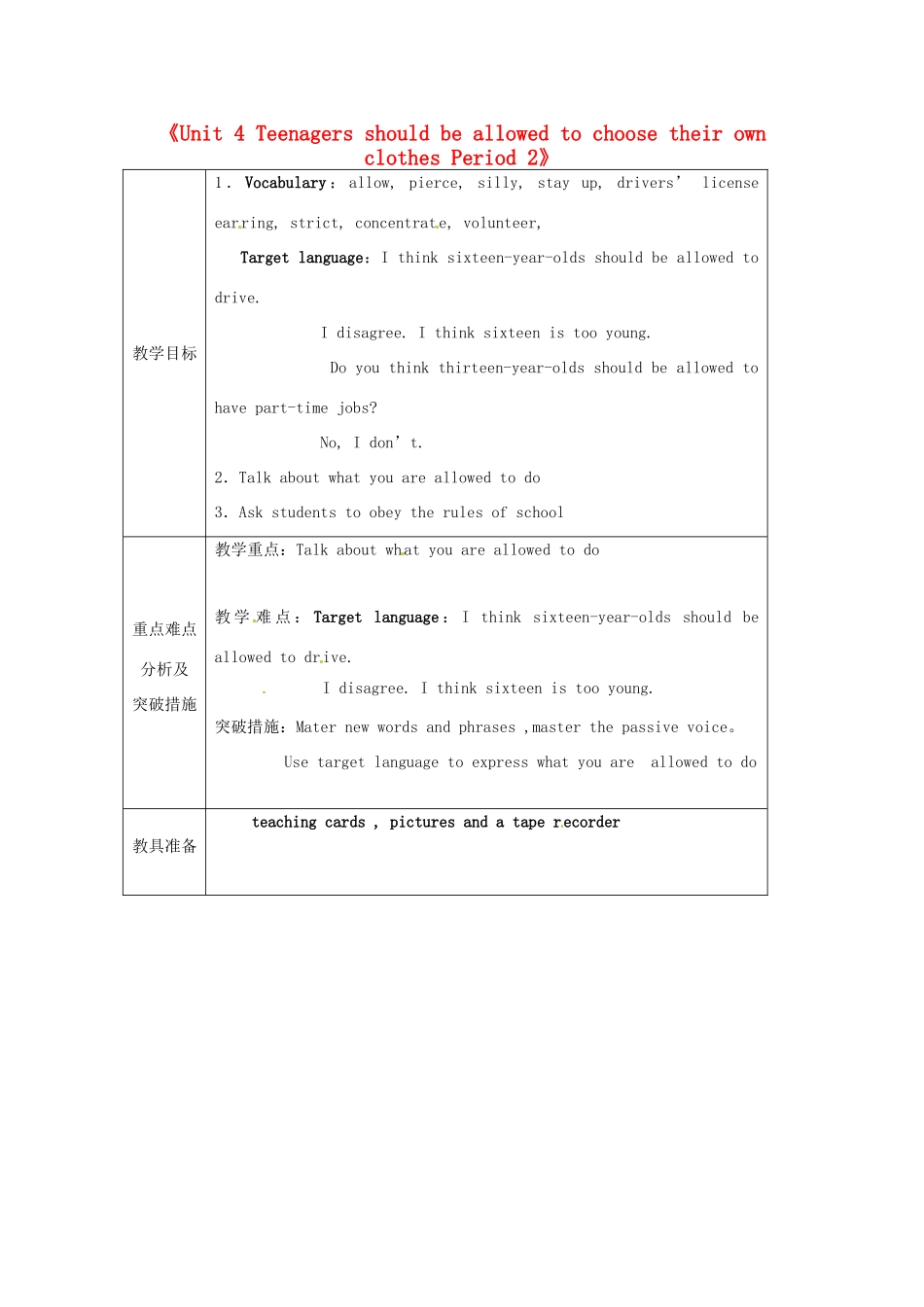 山东省龙口市诸由观镇诸由中学八年级英语下册《Unit 4 Teenagers should be allowed to choose their own clothes Period 2》教案 鲁教版五四制_第1页
