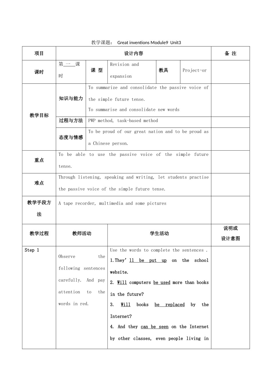 学年九年级英语上册 Module 9 Great inventions Unit 3 Language in use教案 （新版）外研版-（新版）外研版初中九年级上册英语教案_第1页