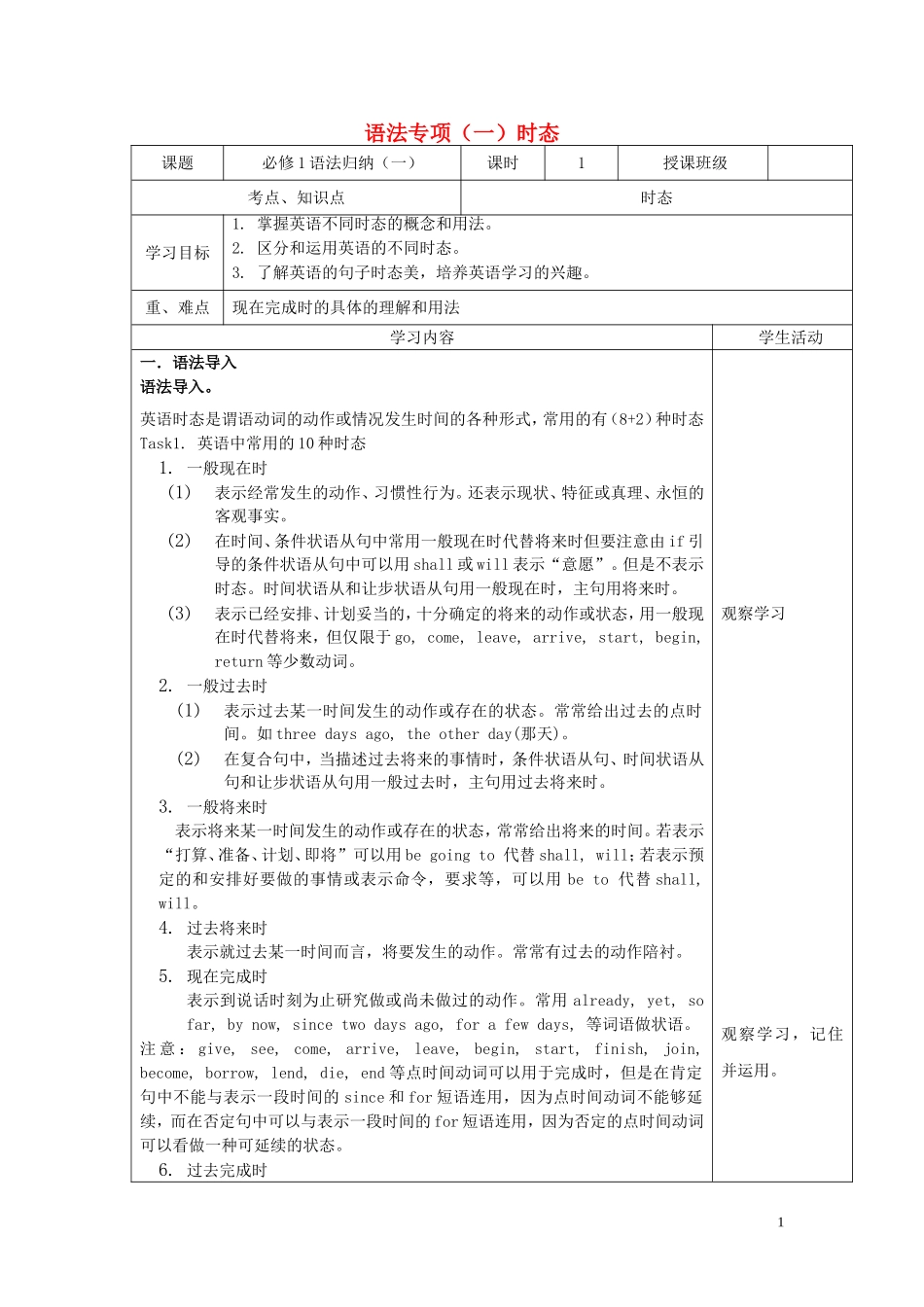 四川省宜宾市一中高一英语 语法专项（一）时态教学设计-人教版高一全册英语教案_第1页