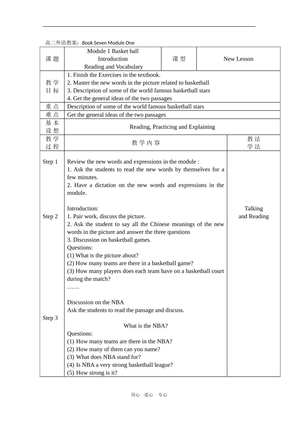 高中英语：《Module1 Basketball-Introduction&Reading and Vocabulary》复习教案（外研版选修7）_第1页