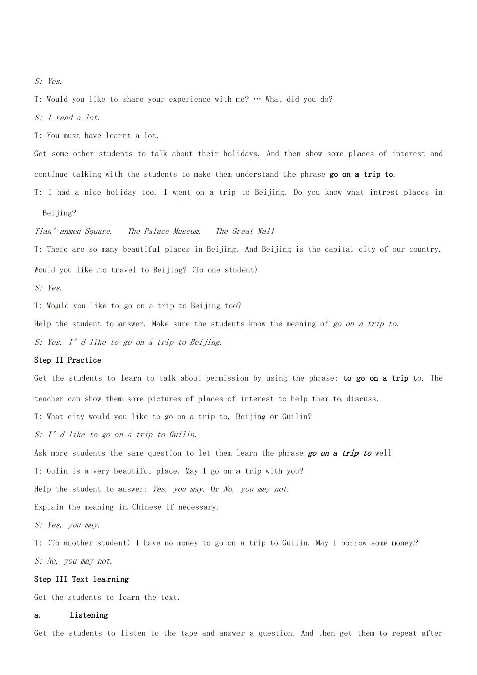 七年级英语下册 同步教案 Lesson 1 May I go to Beijing冀教版_第2页