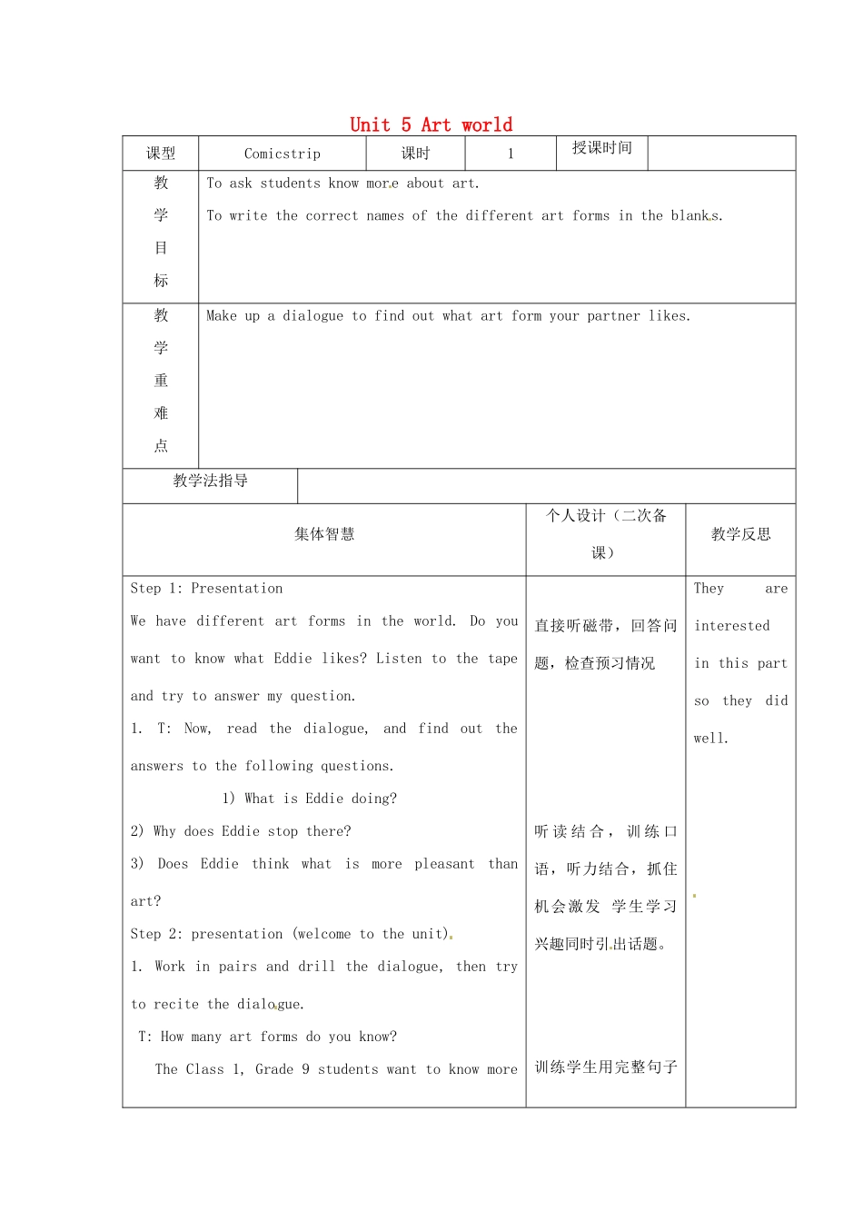 江苏省宿迁市宿豫县关庙镇中心学校九年级英语上册 Unit 5 Art world教案 牛津版_第1页