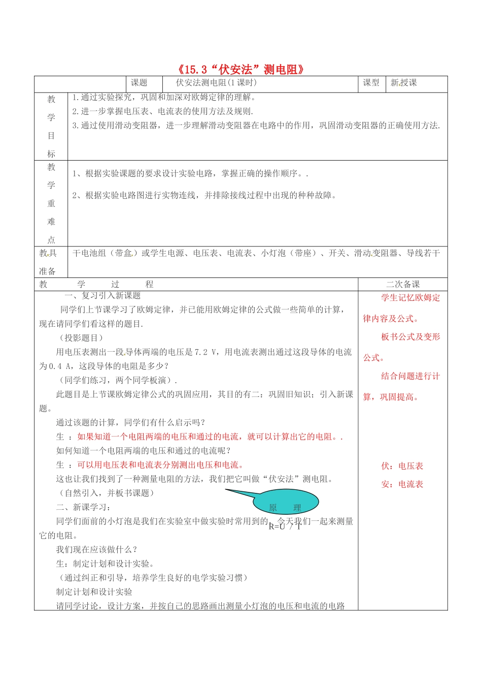 山东省临沂市费城镇初级中学九年级物理全册《15.3“伏安法”测电阻》教案 沪科版_第1页