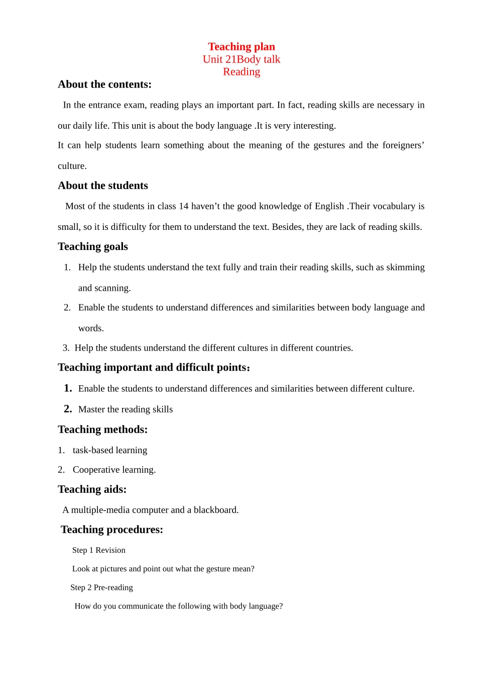 新课程人教版unit21 body language reading-新人教版高一全册英语教案_第1页