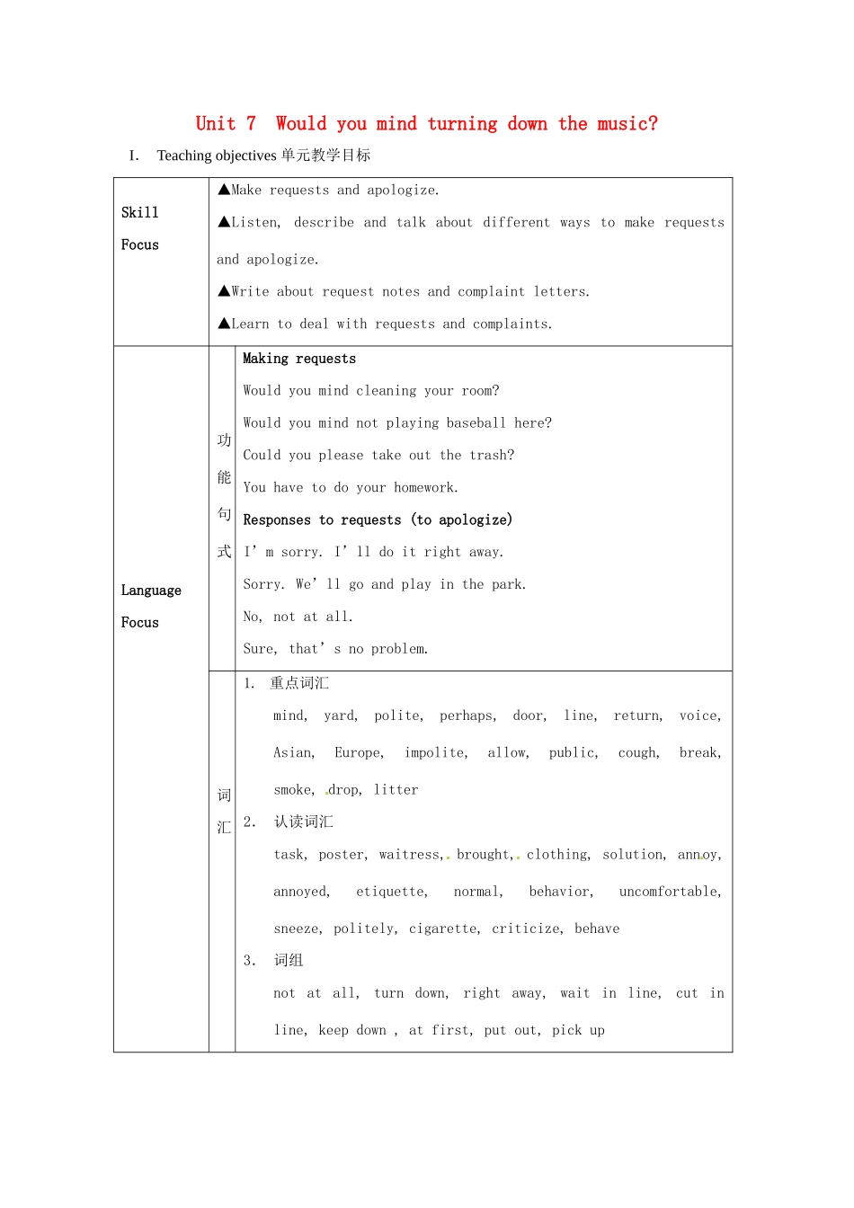 安徽省滁州二中八年级英语上册 Unit 7 Would you mind turning down the music教案 人教新目标版_第1页