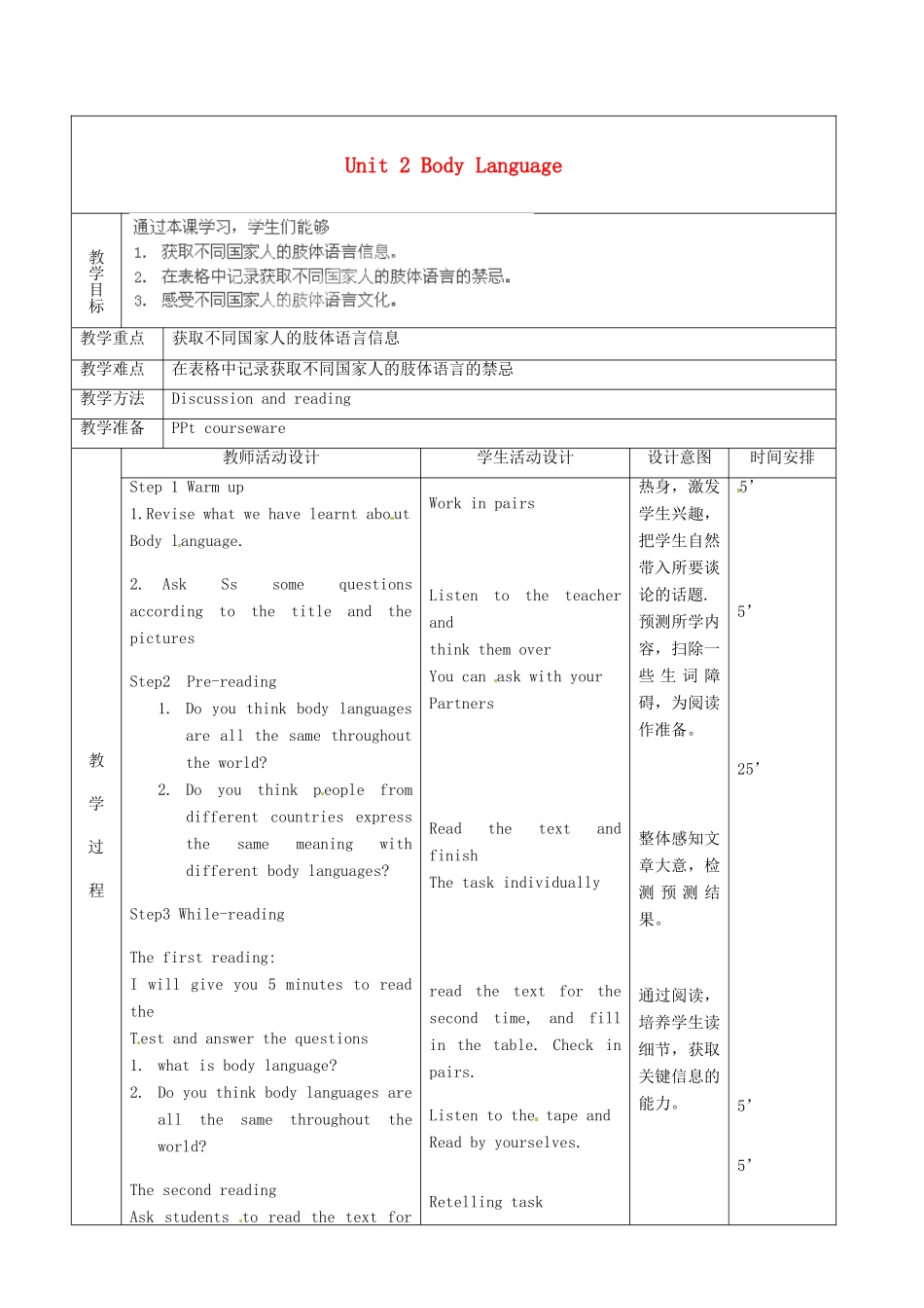 北京市顺义区大孙各庄中学九年级英语全册 Unit 2 Body Language（第2课时）教案 北京课改版_第2页