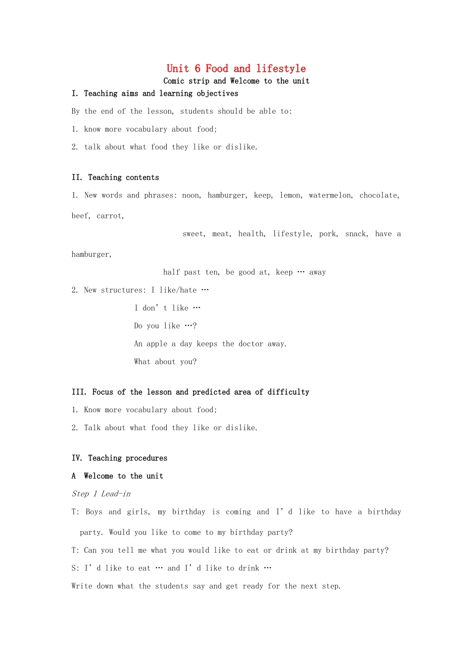 七年级英语上册 Unit 6 Food and lifestyle Welcome to the unit教案 （新版）牛津版-（新版）牛津版初中七年级上册英语教案_第1页