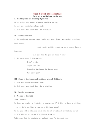 七年级英语上册 Unit 6 Food and lifestyle Welcome to the unit教案 （新版）牛津版-（新版）牛津版初中七年级上册英语教案