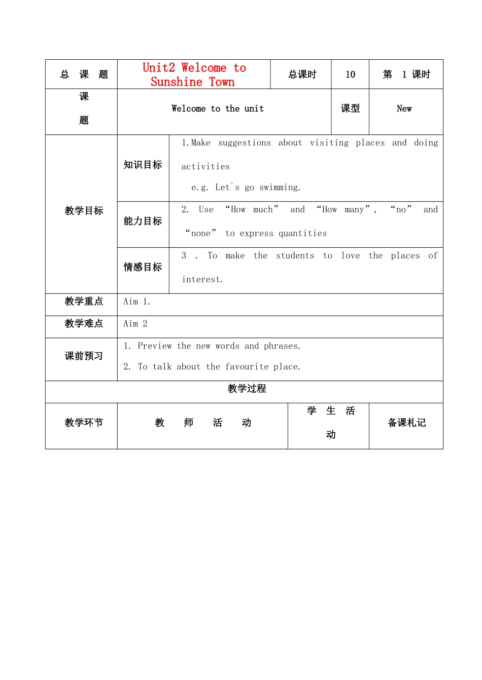 七年级英语下册 Unit2 Welcome to Sunshine Town教案 牛津版_第1页