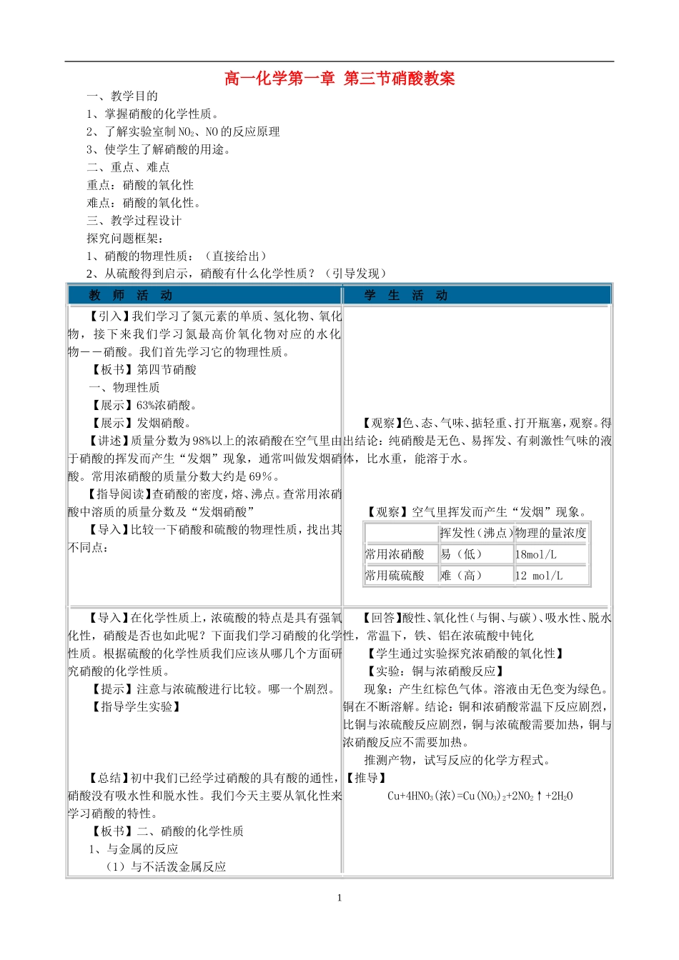 高一化学第一章 第三节硝酸教案_第1页