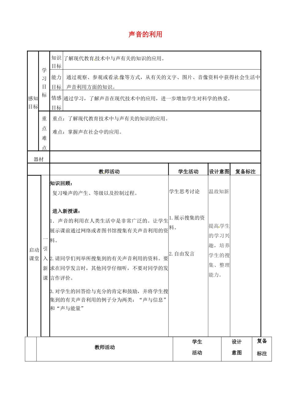 山东省邹平县实验中学八年级物理上册 2.3 声音的利用教案 （新版）新人教版_第1页