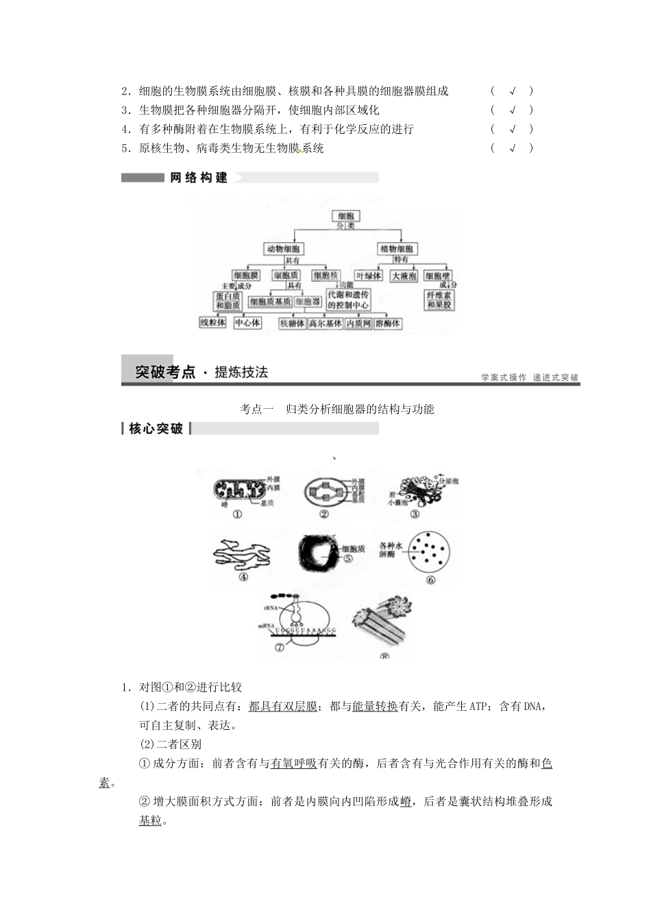 重庆市万州分水中学高考生物 第3章《细胞的基本结构》复习考点二 归类分析细胞器的结构与功能 新人教版必修1_第2页