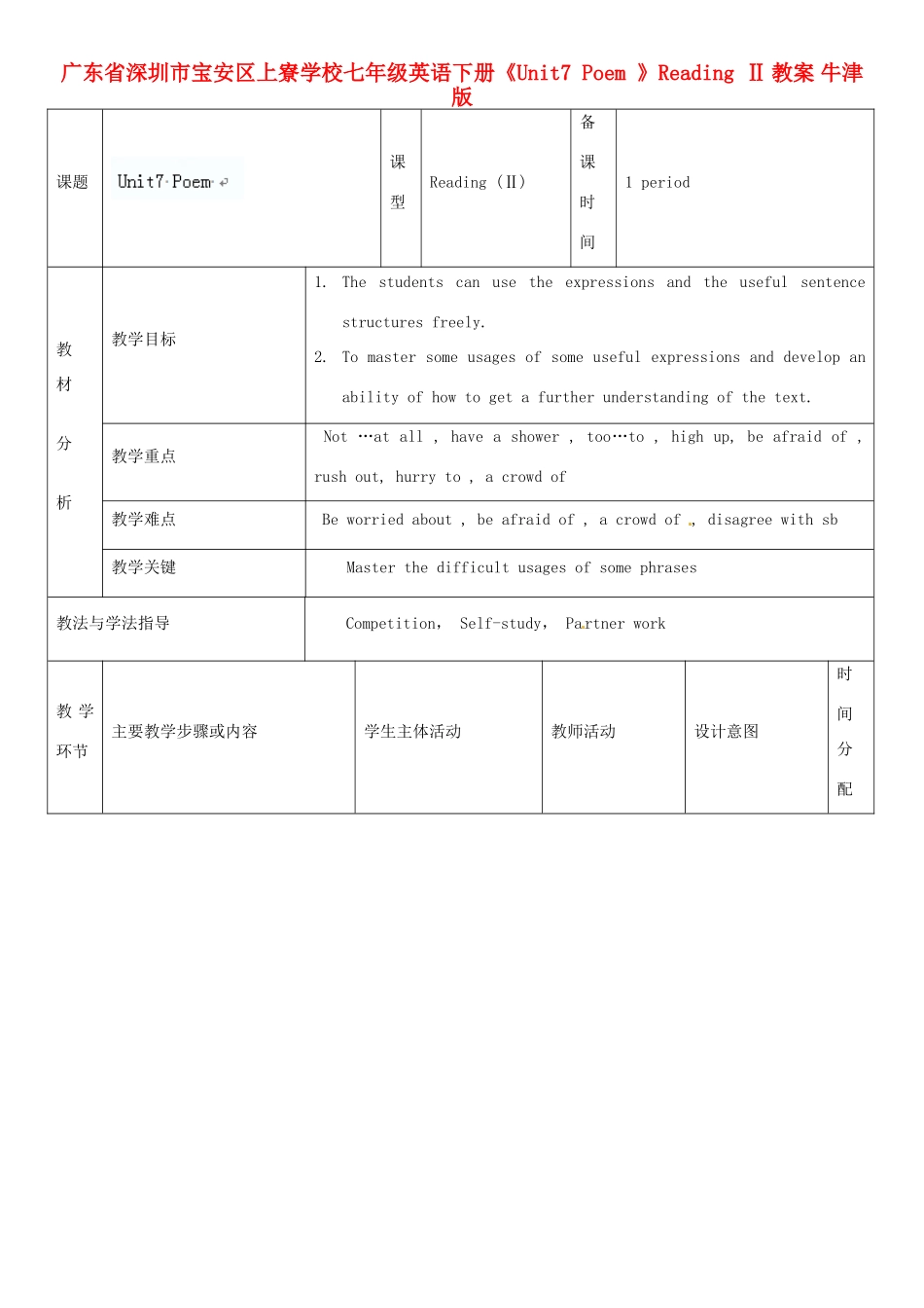 广东省深圳市宝安区上寮学校七年级英语下册《Unit7 Poem 》Reading Ⅱ教案 牛津版_第1页