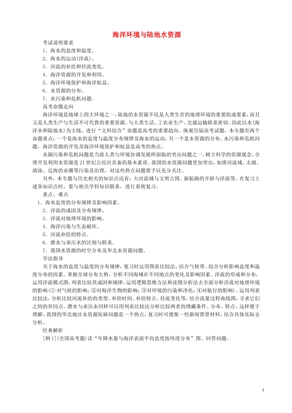山西省运城市康杰中学高中地理 6.2 海洋环境与陆地水资源知识点解析 新人教版选修2_第1页