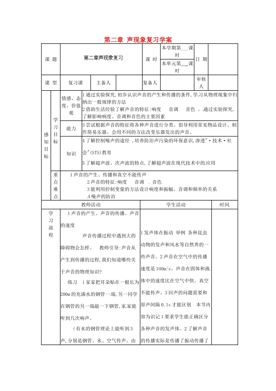 山东省邹平县实验中学八年级物理上册 第二章 声现象复习教案 （新版）新人教版_第1页