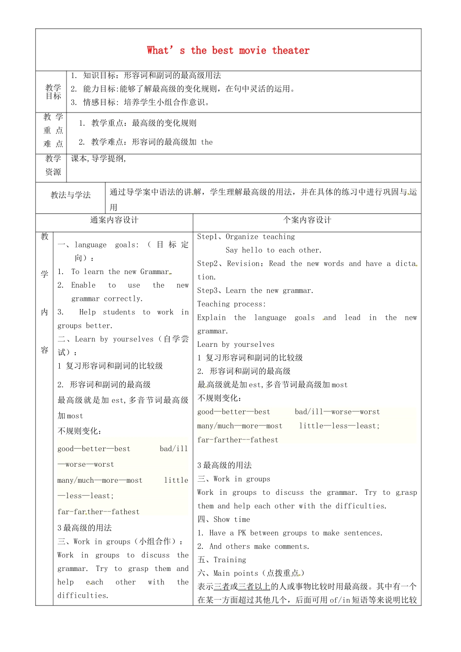 七年级英语上册 Unit 8 What’s the best movie theatre教案2 鲁教版五四制-鲁教版五四制初中七年级上册英语教案_第1页