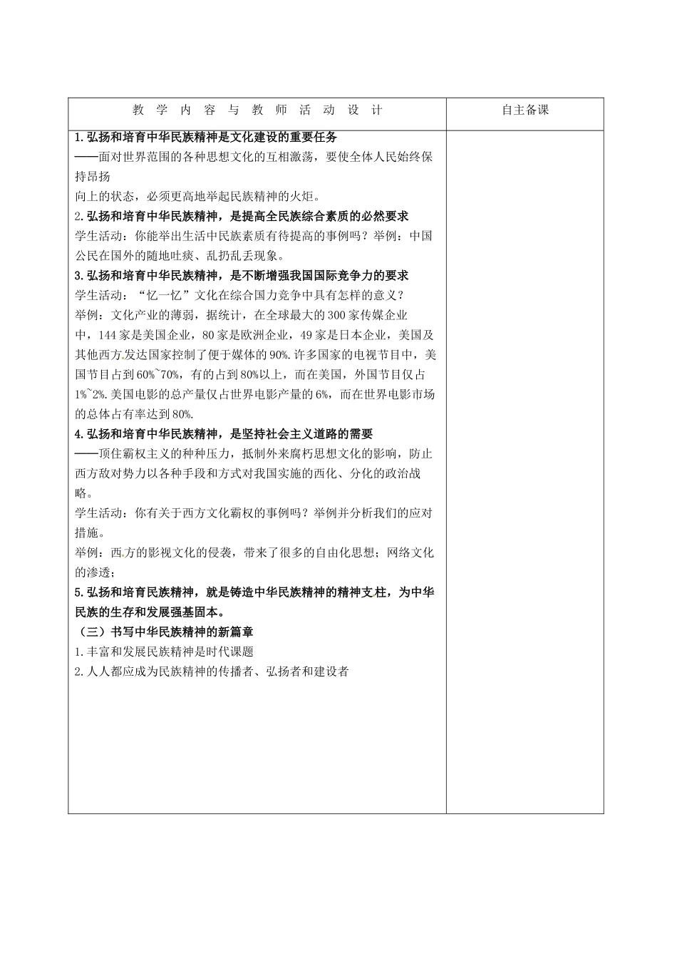 高中政治 7.2弘扬中华民族精神教学设计 新人教版必修3-新人教版高一必修3政治教案_第3页