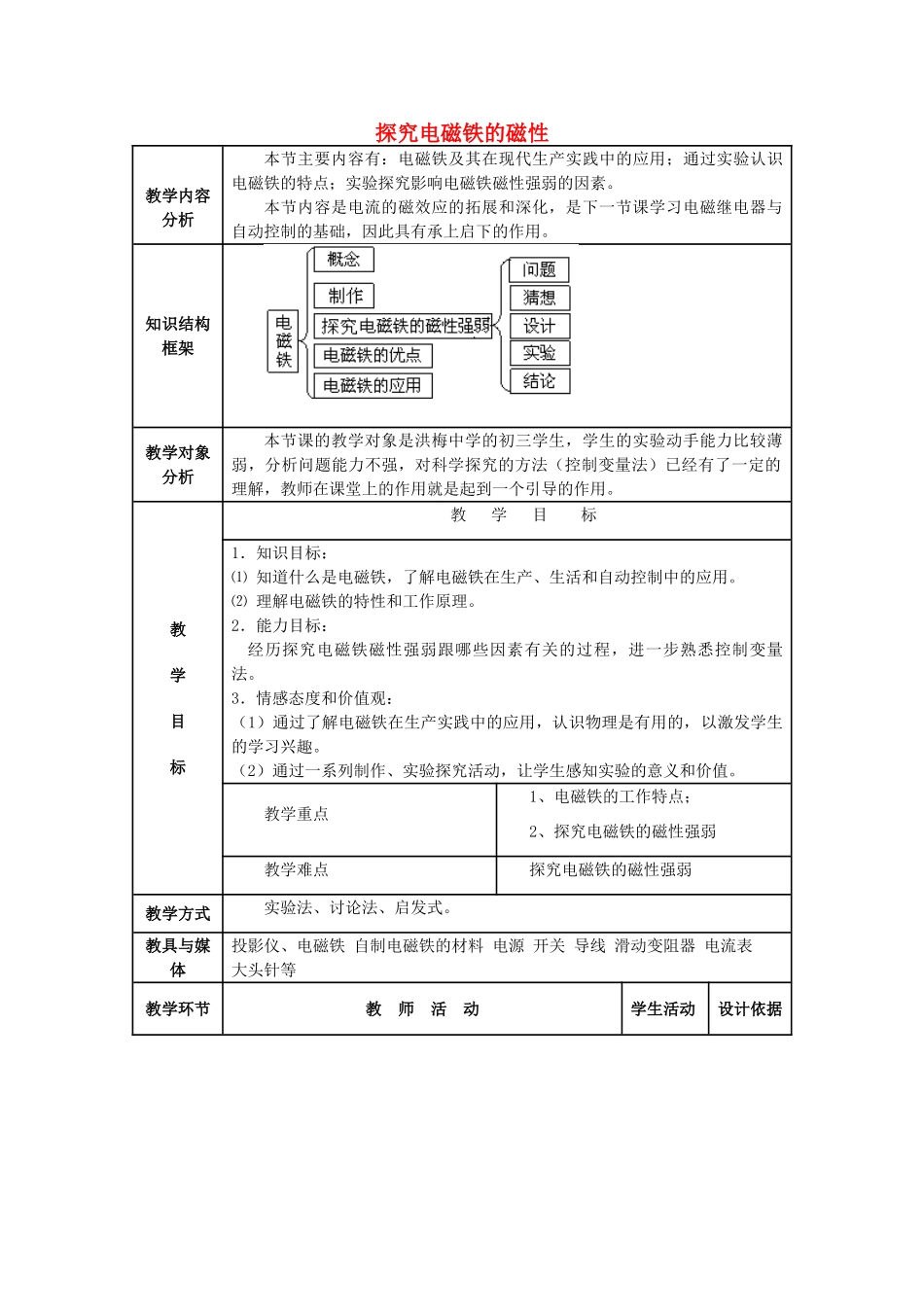 春九年级物理下册 16.3《探究电磁铁的磁性》教案 粤教沪版-粤教沪版初中九年级下册物理教案_第1页