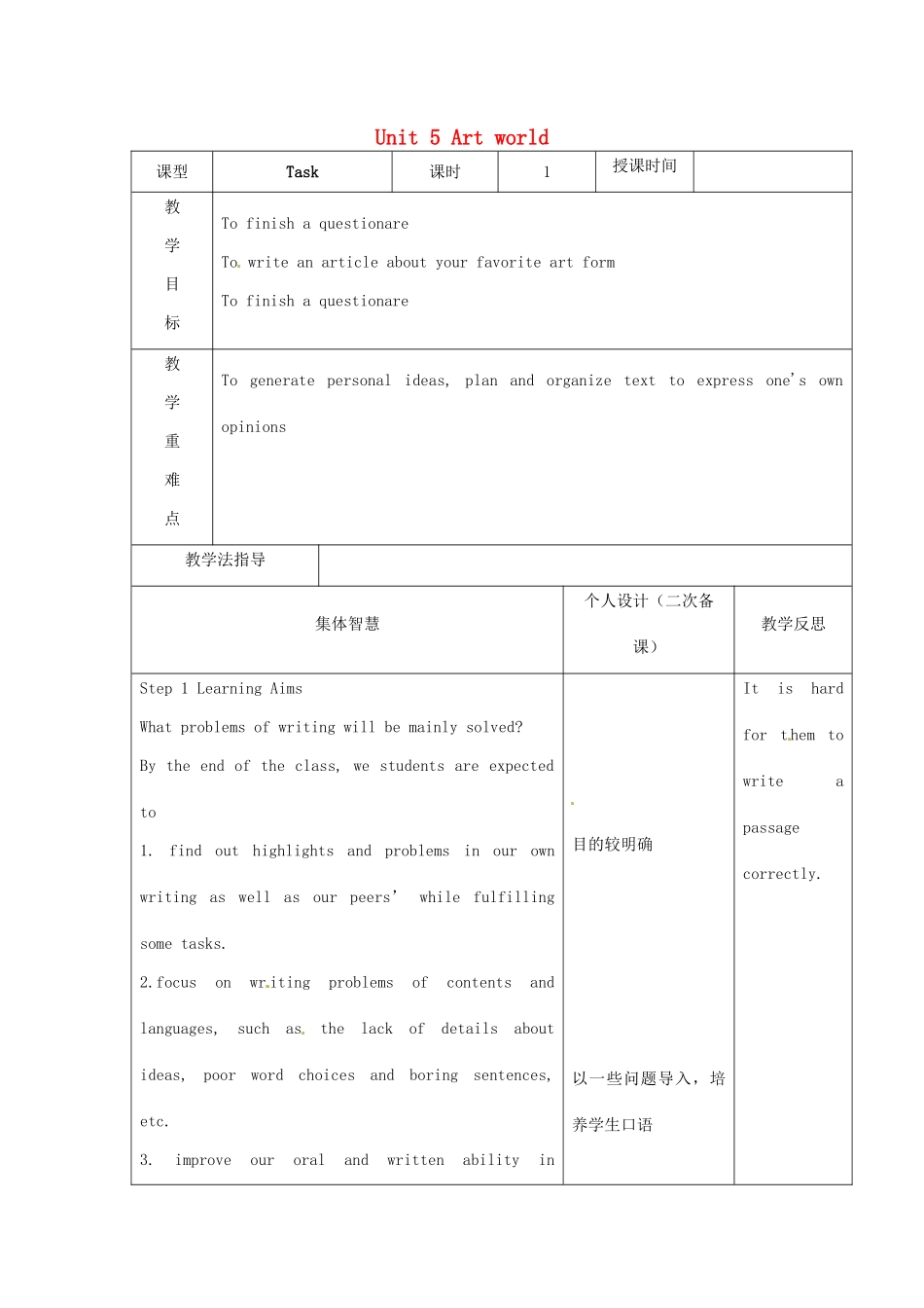 江苏省宿迁市宿豫县关庙镇中心学校九年级英语上册 Unit 5 Art world（第6课时）教案 牛津版_第1页