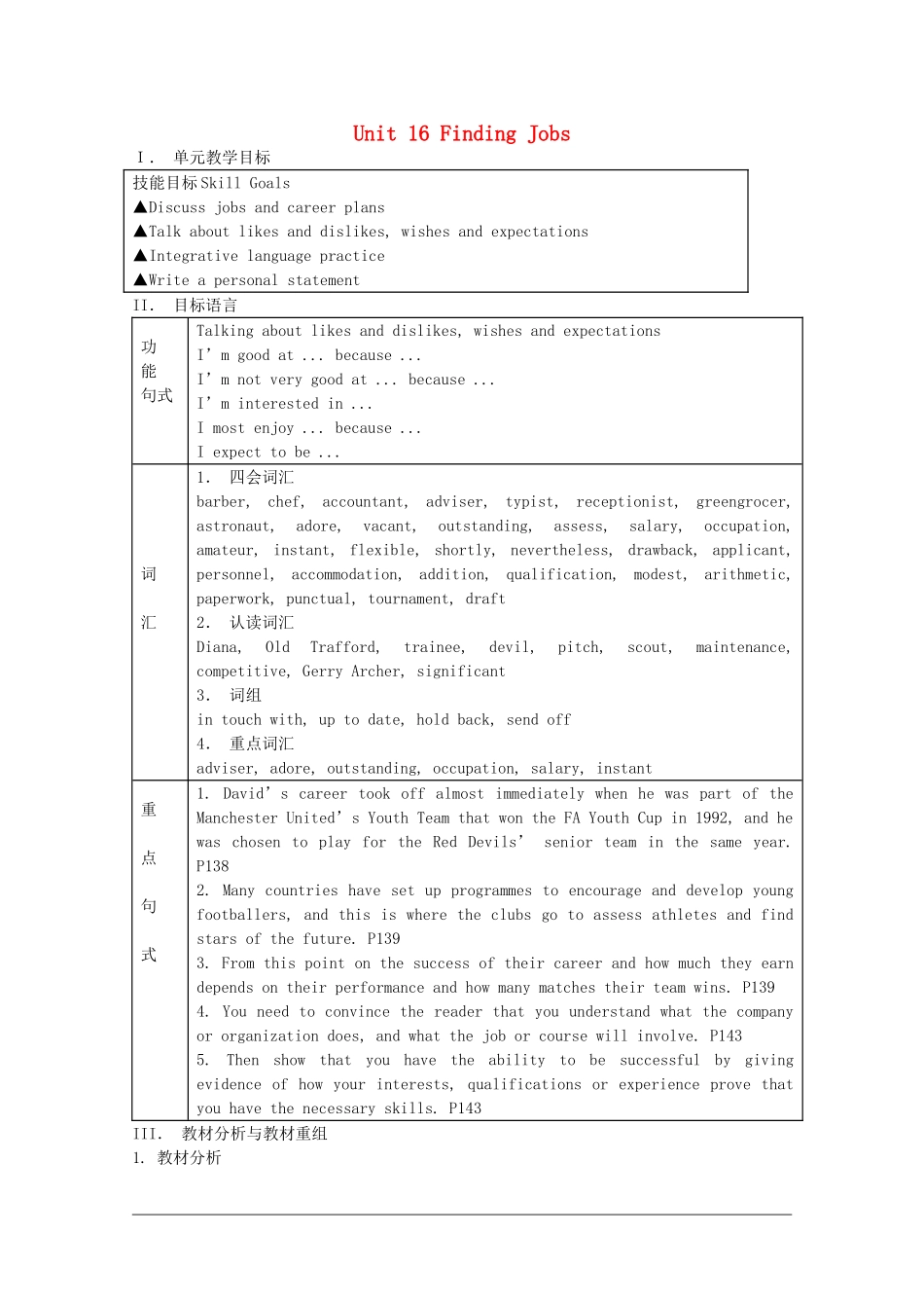高中英语：Unit16 finding jobs教案（旧人教版必修5）_第1页