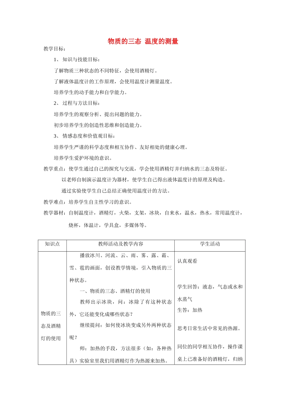 八年级物理水循环第一节　物质的三态 温度教案苏科版_第1页