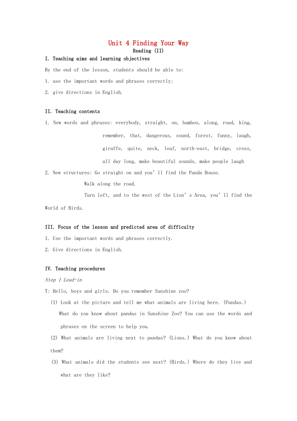 七年级英语下册 Unit 4 Finding your way Reading II教案 （新版）牛津版-（新版）牛津版初中七年级下册英语教案_第1页