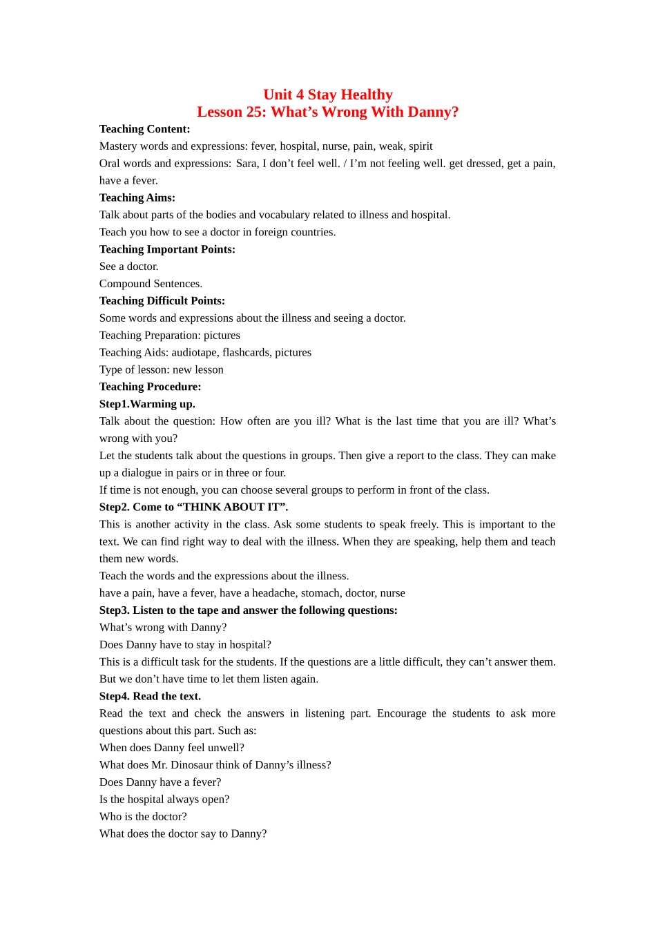 九年级英语Unit 4 Stay Healthy教案冀教版_第1页